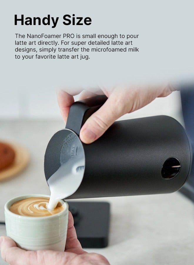 NanoFoamer Pro | Hands-free Milk Foamer Superfine Smoothest Milk Heating & Foaming, for Dairy & Plant-based Milks, for Barista, Amateurs, Home, Bar, Office Use, 220 A/C Connection - Black