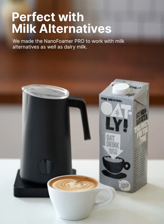 NanoFoamer Pro | Hands-free Milk Foamer Superfine Smoothest Milk Heating & Foaming, for Dairy & Plant-based Milks, for Barista, Amateurs, Home, Bar, Office Use, 220 A/C Connection - Black