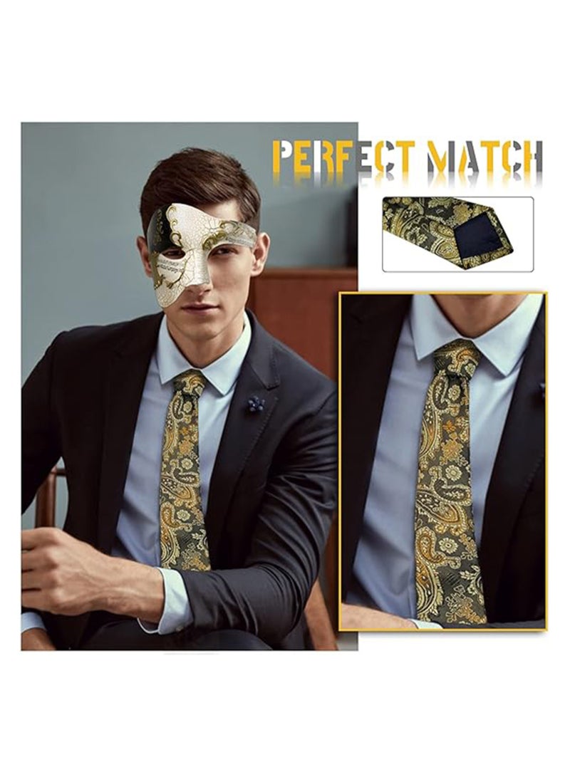 Mens Masquerade Mask Phantom of The Opera Mask and Silk Necktie Set Venetian Half Face Ball Mask for Costume Parties
