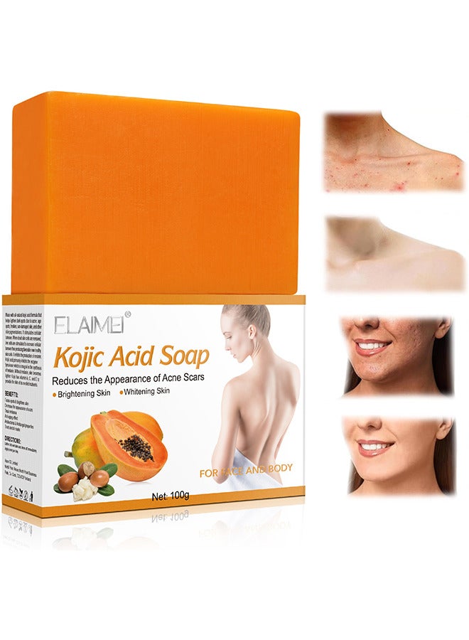 Kojic Acid Soap For Hyperpigmentation, Kojic And Papaya Soap For Brighter Skin, Reduce Acne, Cleanse Scars And Even Skin Tone, Bath Soap For Face And Body, Keep Skin Moist, Smooth, Shiny 100G