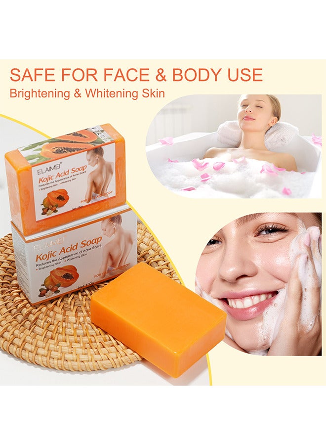 Kojic Acid Soap For Hyperpigmentation, Kojic And Papaya Soap For Brighter Skin, Reduce Acne, Cleanse Scars And Even Skin Tone, Bath Soap For Face And Body, Keep Skin Moist, Smooth, Shiny 100G