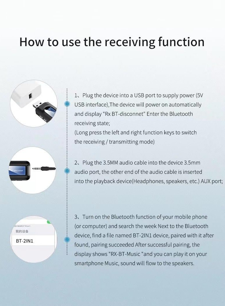 USB Bluetooth 5.0 Transmitter Receiver, Portable Wireless Bluetooth Adapter, with 3.5mm Jack, Wireless Audio Dongle, Plug and Play, for PC, Sound Card, Car, Headphones, Speakers