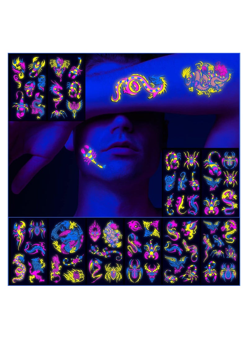 10 Sheets Neon Temporary Tattoos Glow In The UV Neon Tattoos Stickers 61 Glitter Styles Dragon Scorpion Spider Cool Fake Waterproof Tattoos for Men Women Party Decoration