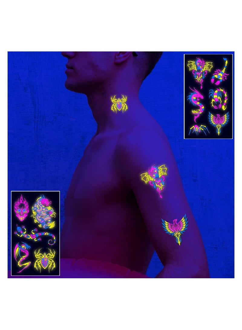 10 Sheets Neon Temporary Tattoos Glow In The UV Neon Tattoos Stickers 61 Glitter Styles Dragon Scorpion Spider Cool Fake Waterproof Tattoos for Men Women Party Decoration