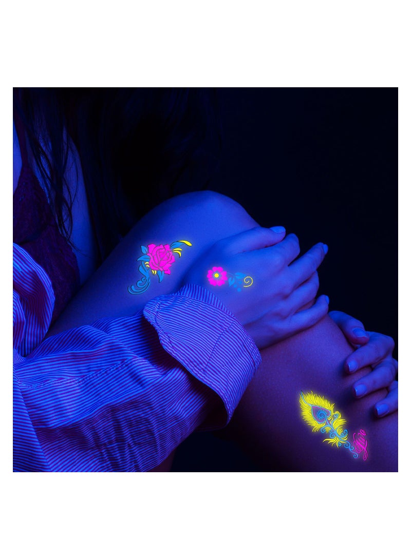 10 Sheets Neon Temporary Tattoos Glow In The UV Neon Tattoos Stickers 61 Glitter Styles Dragon Scorpion Spider Cool Fake Waterproof Tattoos for Men Women Party Decoration