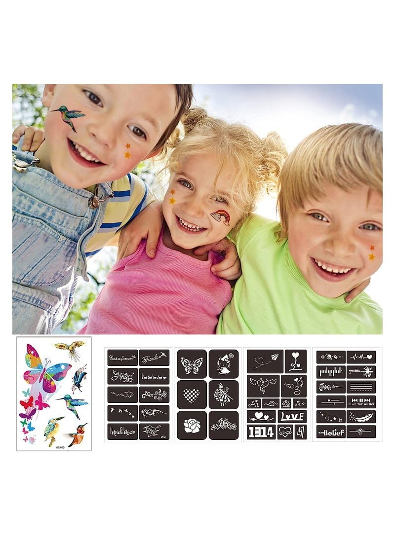 Temporary Glitter Tattoo Kids with 30 Glitter Colors, 6 Fluorescent Colors, 119 Unique Stencils, 3 Body Glue, 5 Brushes, Arts Glitter Make Up Set for Birthdays Party Favor Supplies