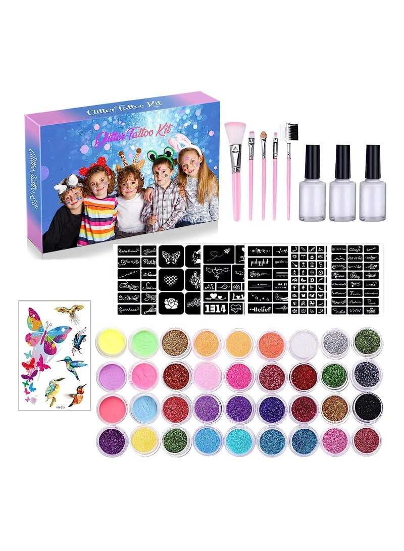 Temporary Glitter Tattoo Kids with 30 Glitter Colors, 6 Fluorescent Colors, 119 Unique Stencils, 3 Body Glue, 5 Brushes, Arts Glitter Make Up Set for Birthdays Party Favor Supplies