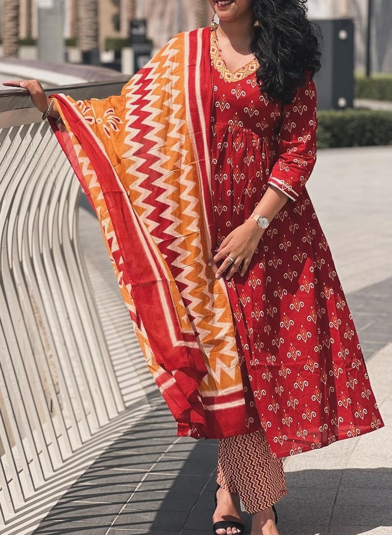 IndHeritage - Premium cotton 3pc A line kurti set / salwar suit with embroidery - Red, orange & yellow colour Indian designed top, pants & dupatta - Indian Kurti Set IDH00164
