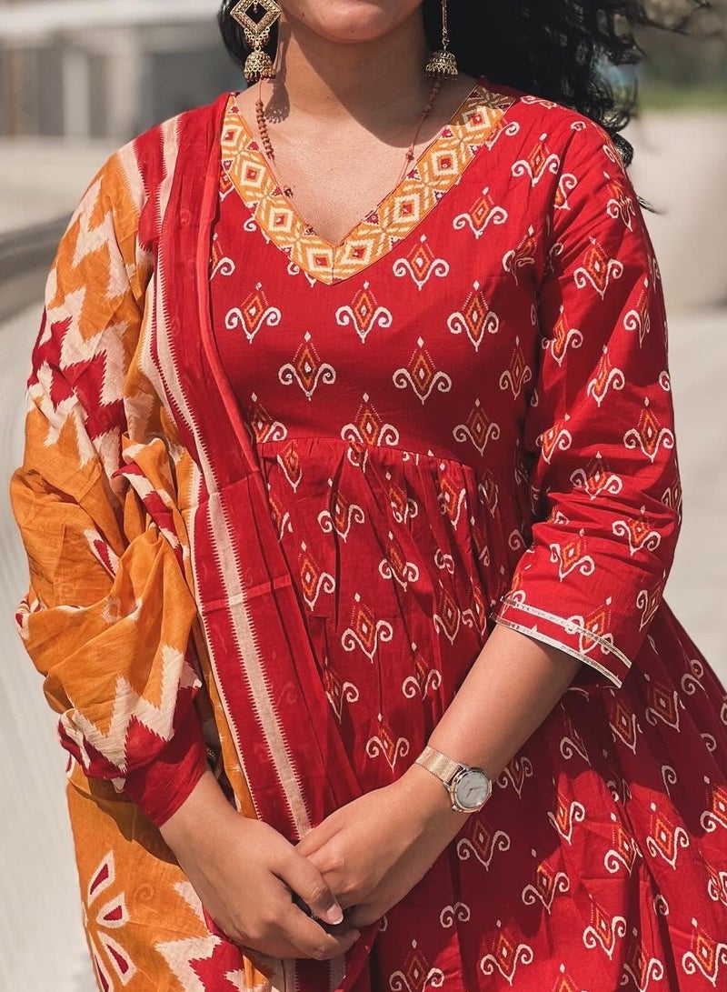 IndHeritage - Premium cotton 3pc A line kurti set / salwar suit with embroidery - Red, orange & yellow colour Indian designed top, pants & dupatta - Indian Kurti Set IDH00164