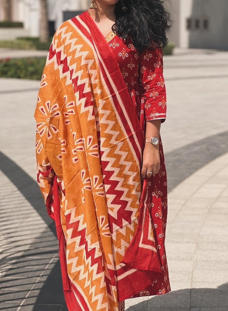 IndHeritage - Premium cotton 3pc A line kurti set / salwar suit with embroidery - Red, orange & yellow colour Indian designed top, pants & dupatta - Indian Kurti Set IDH00164