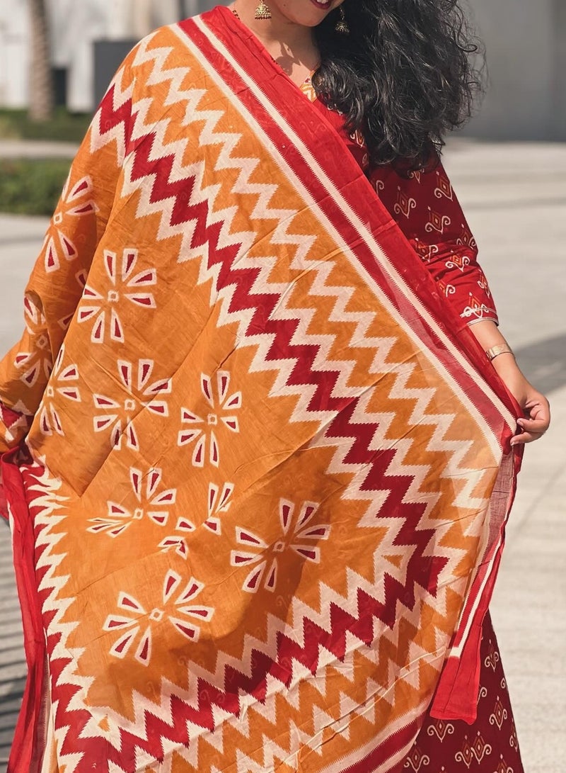IndHeritage - Premium cotton 3pc A line kurti set / salwar suit with embroidery - Red, orange & yellow colour Indian designed top, pants & dupatta - Indian Kurti Set IDH00164
