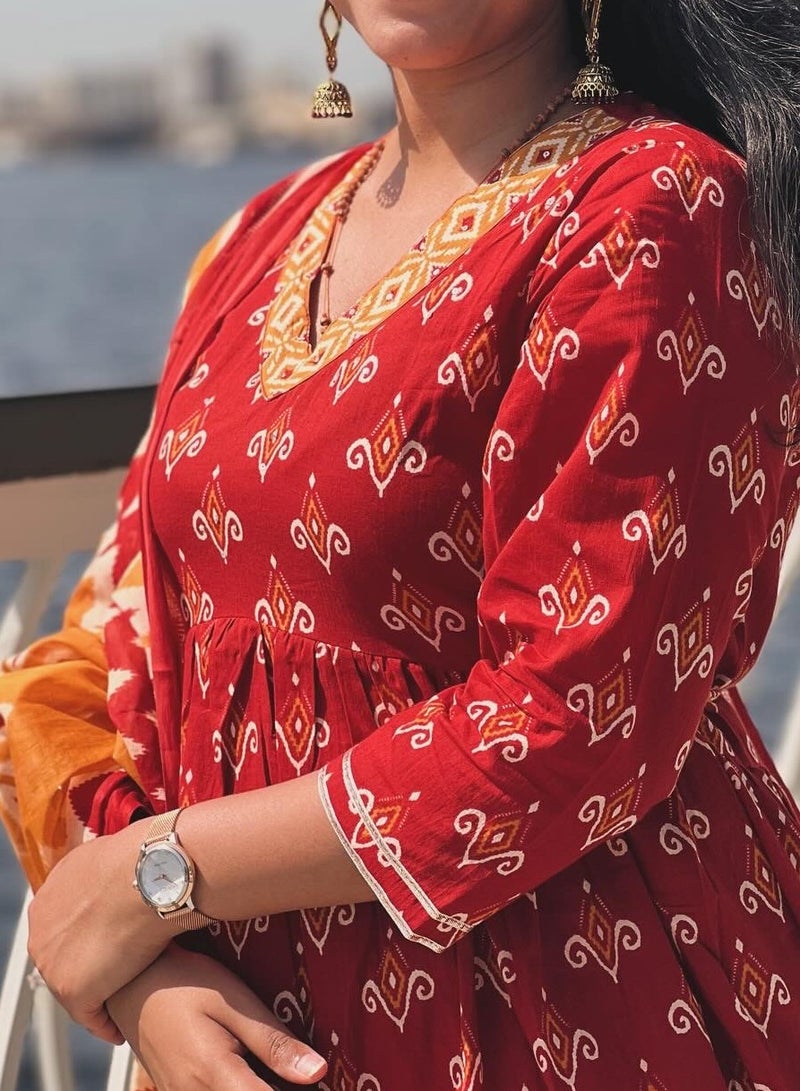 IndHeritage - Premium cotton 3pc A line kurti set / salwar suit with embroidery - Red, orange & yellow colour Indian designed top, pants & dupatta - Indian Kurti Set IDH00164