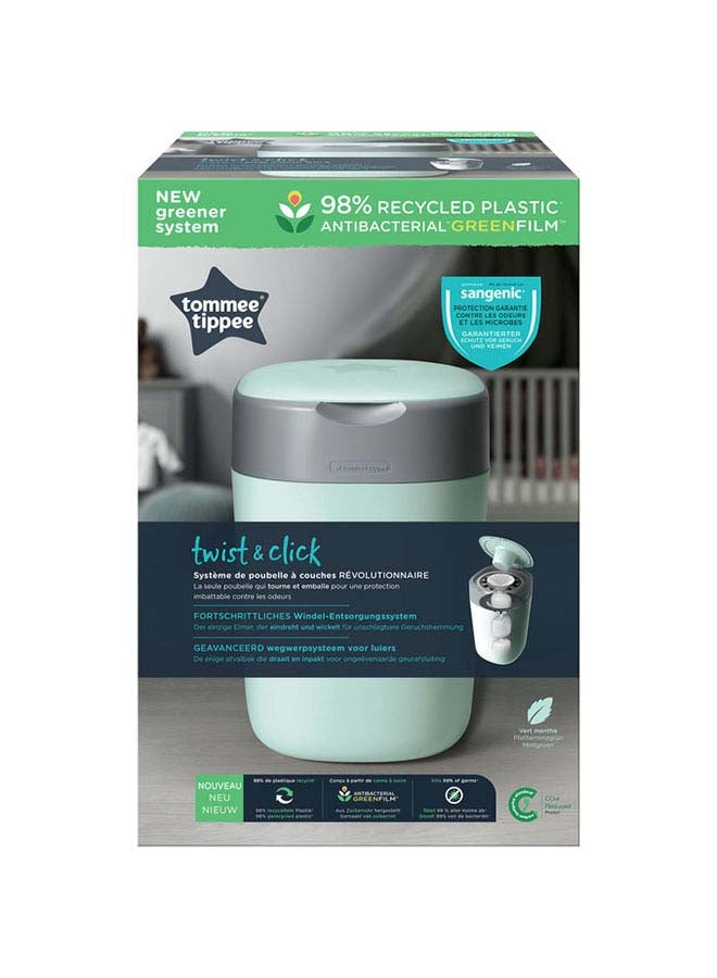 Twist And Click Advanced Nappy Bin, Eco-Friendlier System, Includes 1x Refill Cassette With Sustainably Sourced Antibacterial Greenfilm, Green