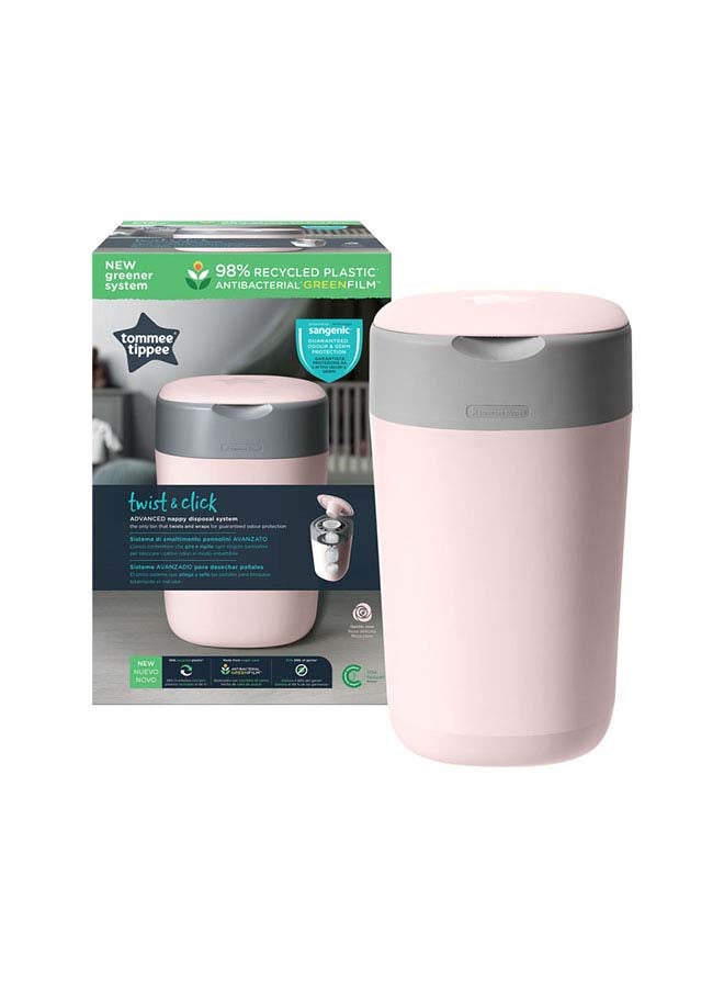 Twist And Click Advanced Nappy Bin, Eco-Friendlier System, Includes 1x Refill Cassette With Sustainably Sourced Antibacterial Greenfilm, Pink