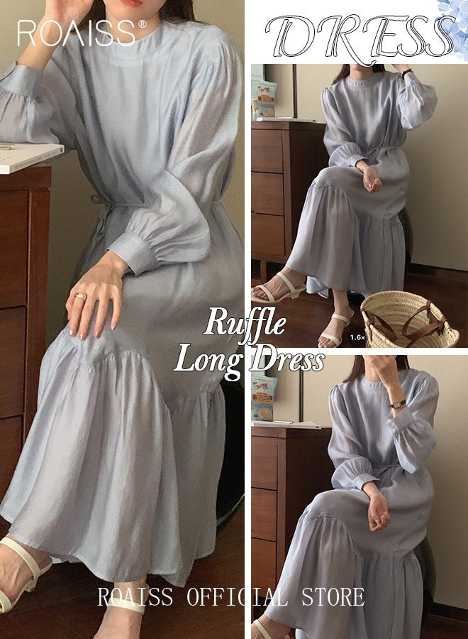 Women's Casual Dress Round Puff Sleeves Ruffled Hem with Ties On Both Sides Slim Fit Gentle and Minimalist