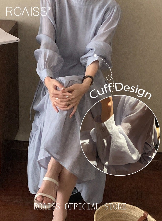 Women's Casual Dress Round Puff Sleeves Ruffled Hem with Ties On Both Sides Slim Fit Gentle and Minimalist