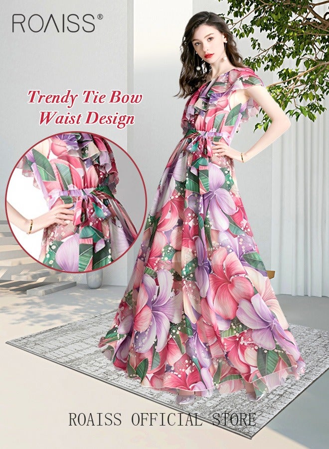 Women's Long Dress One Shoulder Ruffle Hem Big Skirt Colorful Printed Dress Advanced Fashion Print Unique Asymmetric Collar Design for Women Ladies Party Ramadan Eid al-Adha