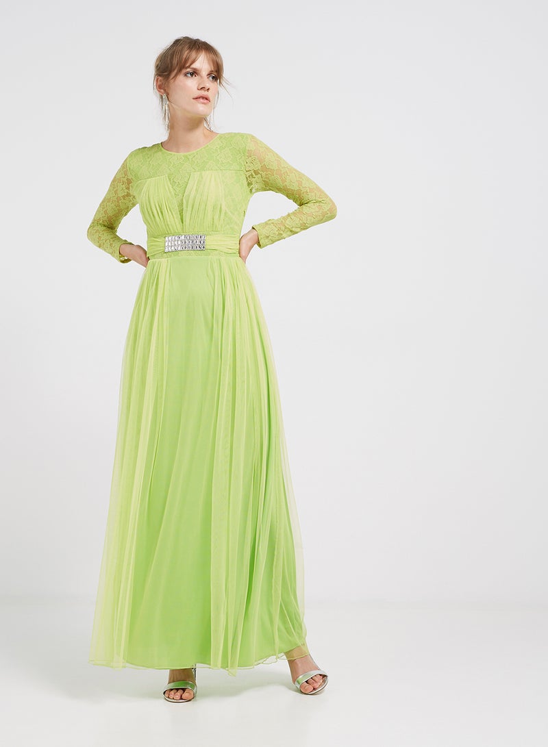 Lace Detailed Long Sleeves Maxi Dress Green