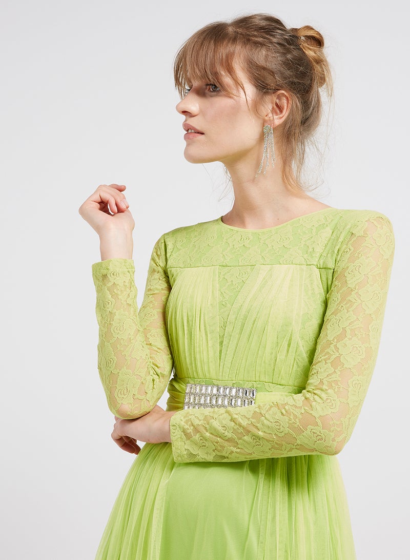 Lace Detailed Long Sleeves Maxi Dress Green