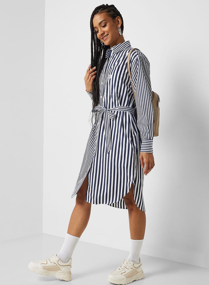 Striped Button And Tie Detail Dress