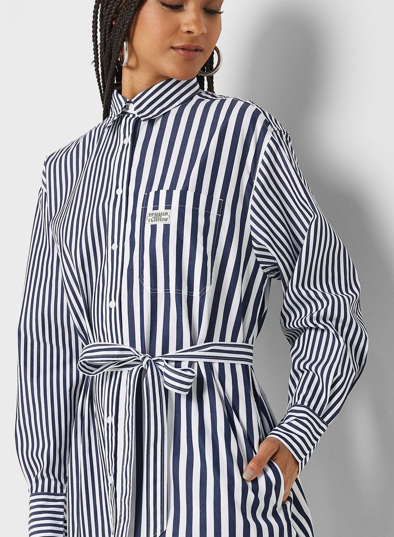 Striped Button And Tie Detail Dress