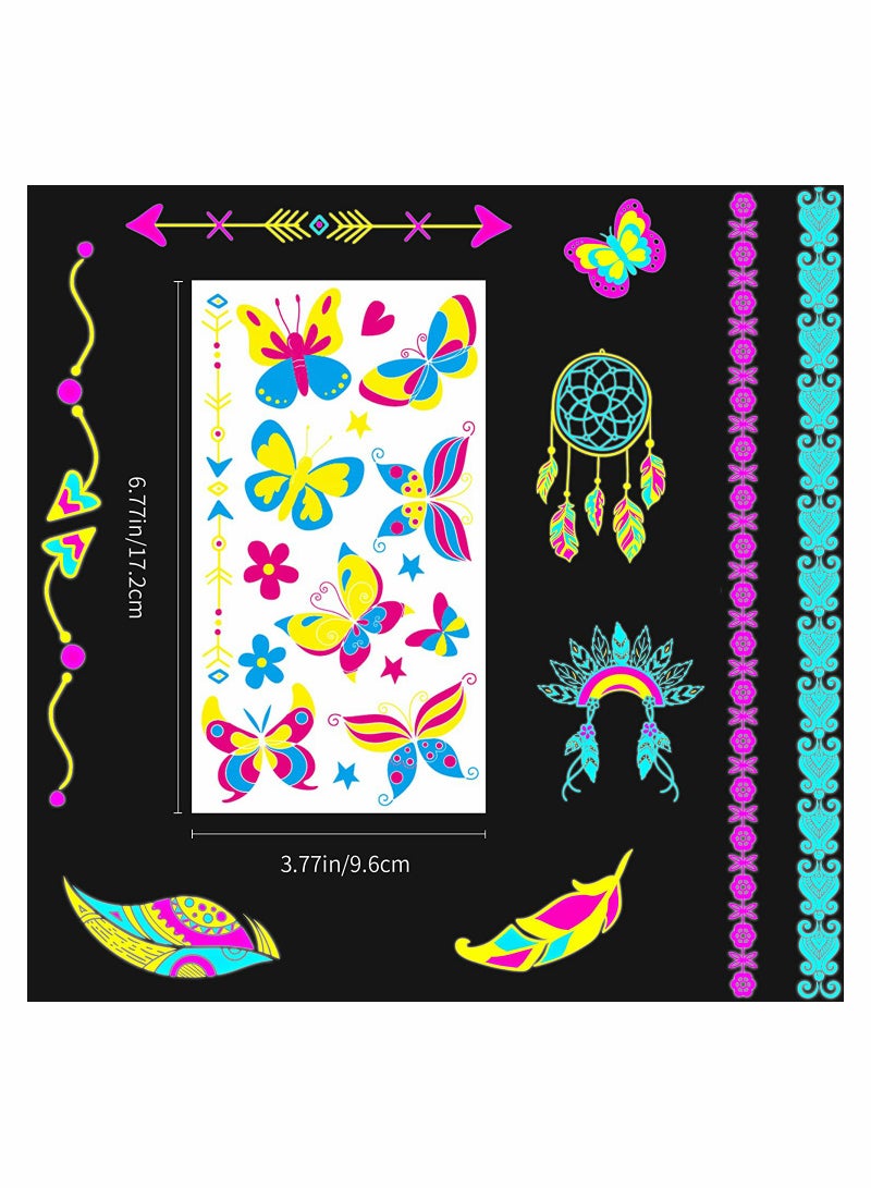 20Sheet Glow in The Dark Temporary Tattoos 160+Styles Fluorescence UV Neon Body Face Fake Waterproof Tattoo Stickers for Women Men, Rave Festival Accessory Party Supplies