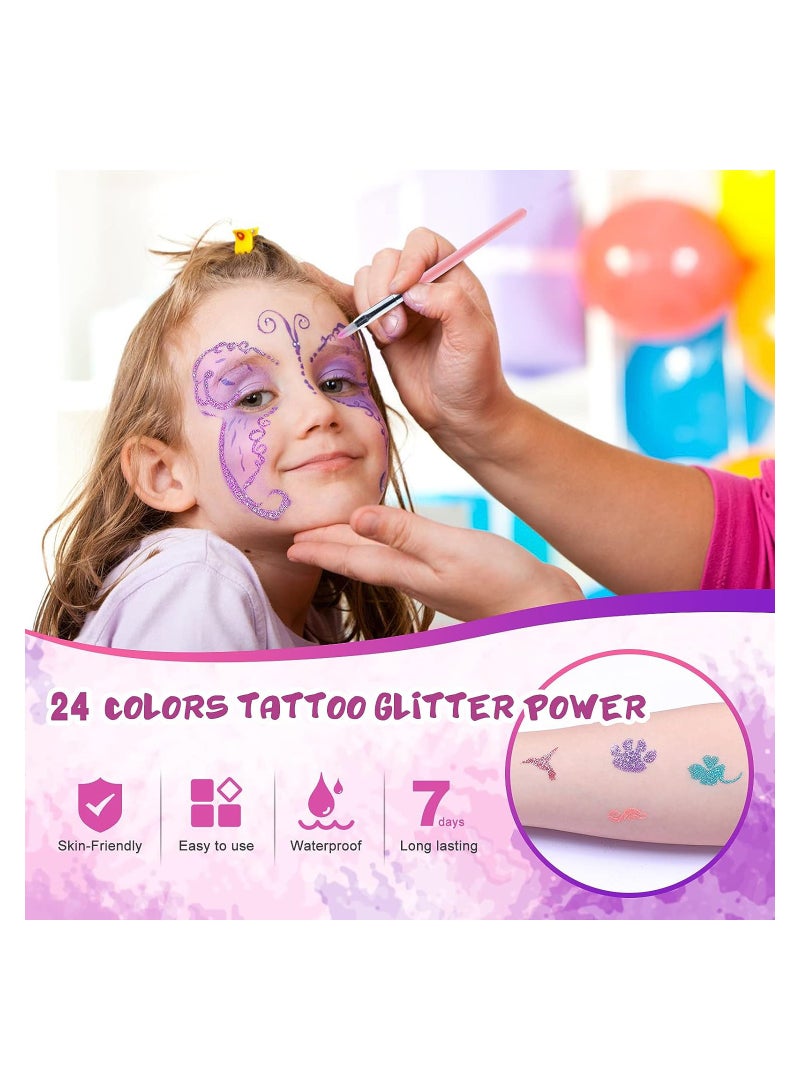 Glitter Tattoos for Kids Girls 30 Colors Glitter Tattoo Kit Waterproof & Temporary Butterfly Flower Fake Tattoos Body Glitter for Nail Art Crafts - 132 Stencils 5 Brushes 2 Body Glues