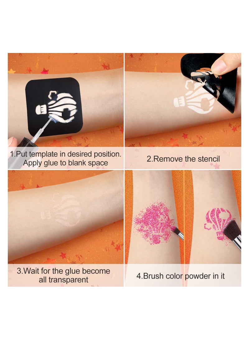 Glitter Tattoos for Kids Girls 30 Colors Glitter Tattoo Kit Waterproof & Temporary Butterfly Flower Fake Tattoos Body Glitter for Nail Art Crafts - 132 Stencils 5 Brushes 2 Body Glues