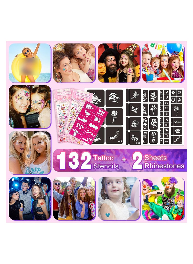 Glitter Tattoos for Kids Girls 30 Colors Glitter Tattoo Kit Waterproof & Temporary Butterfly Flower Fake Tattoos Body Glitter for Nail Art Crafts - 132 Stencils 5 Brushes 2 Body Glues