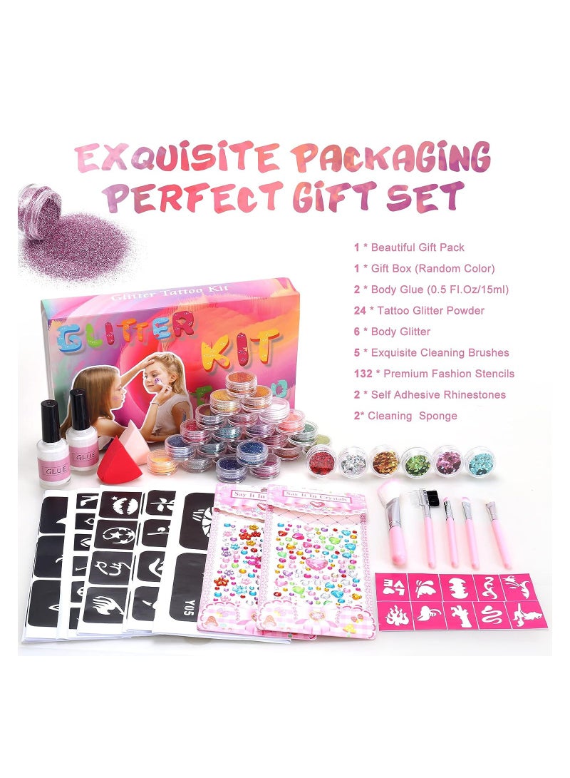 Glitter Tattoos for Kids Girls 30 Colors Glitter Tattoo Kit Waterproof & Temporary Butterfly Flower Fake Tattoos Body Glitter for Nail Art Crafts - 132 Stencils 5 Brushes 2 Body Glues