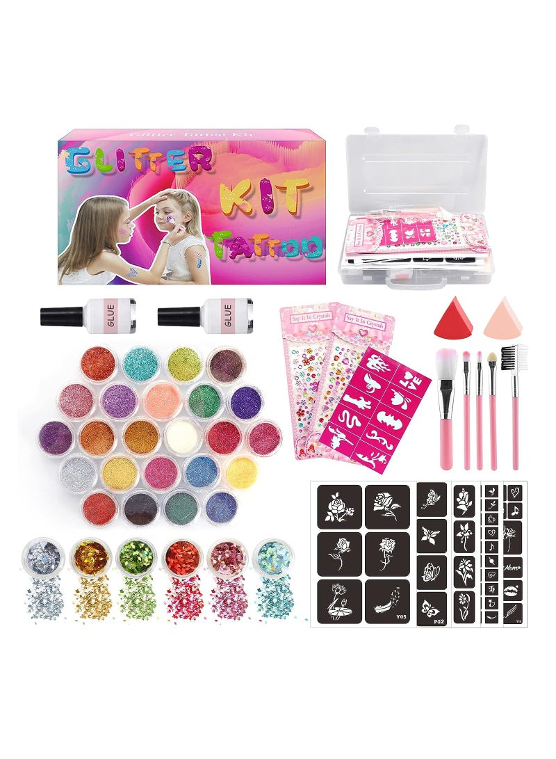 Glitter Tattoos for Kids Girls 30 Colors Glitter Tattoo Kit Waterproof & Temporary Butterfly Flower Fake Tattoos Body Glitter for Nail Art Crafts - 132 Stencils 5 Brushes 2 Body Glues