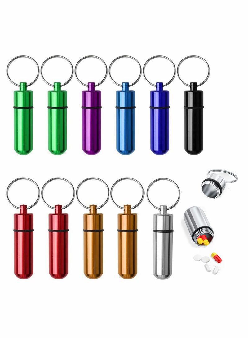 Pill Box with Keyring, Mini Travel Pill Box Holder Case Bottle Container Keychain, Aluminium Waterproof Portablefor Traveling Outdoors Camping(12PCS in 7 Colours)