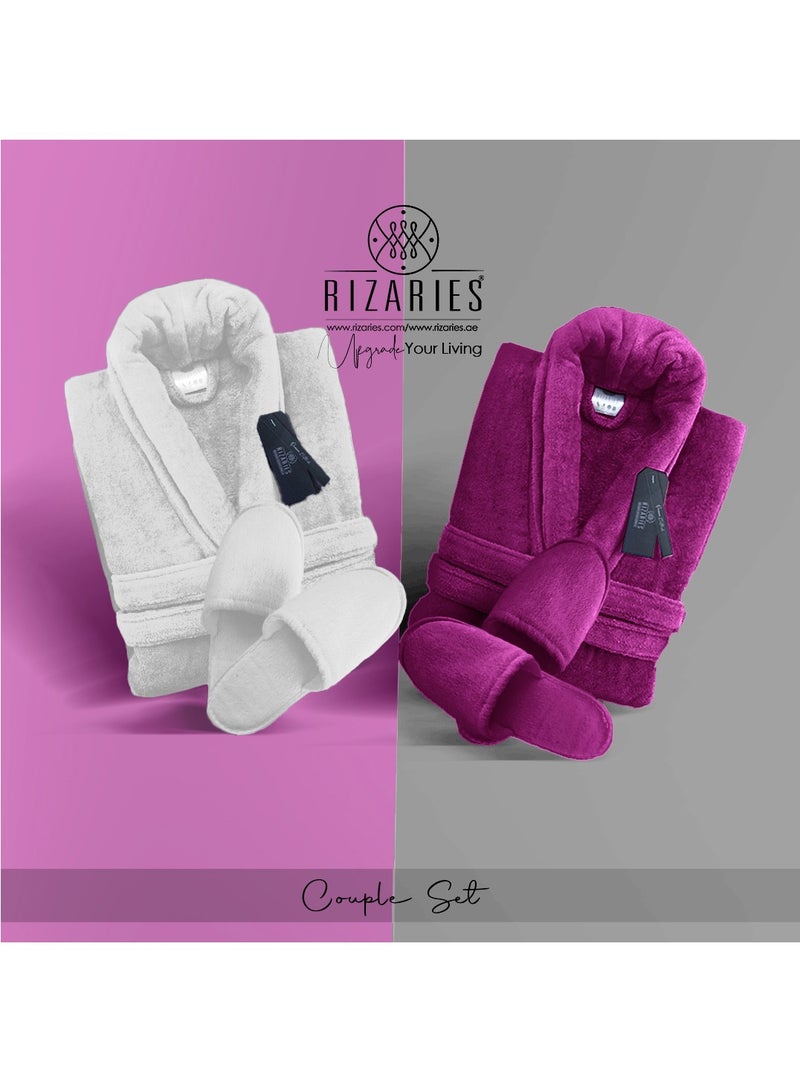 Couple Luxury Bathrobe Set Purple & White 2 Velour Bathrobe, 2 Velour Slippers - Unisex