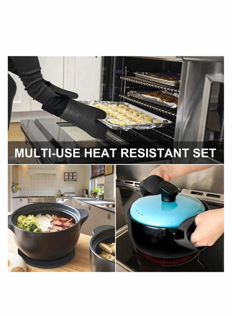 Silicone Oven Mitts and Pot Holders Set, Heat Resistant Silicone Oven Mittens with Mini Oven Gloves and Hot Pads, Pot Holders for Kitchen Baking Cooking, Quilted Liner, Black,Pack of 6