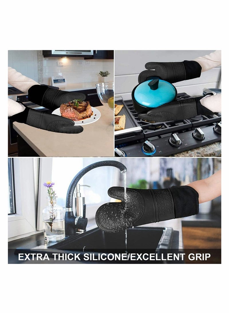 Silicone Oven Mitts and Pot Holders Set, Heat Resistant Silicone Oven Mittens with Mini Oven Gloves and Hot Pads, Pot Holders for Kitchen Baking Cooking, Quilted Liner, Black,Pack of 6