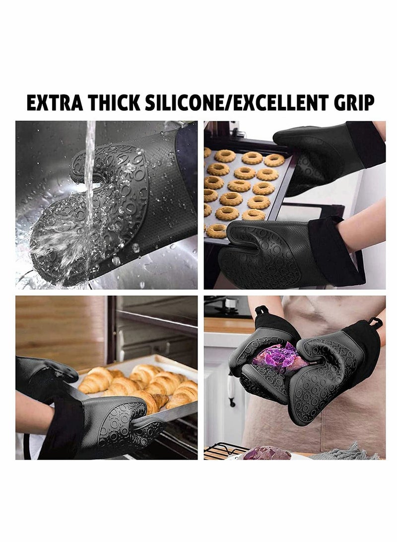 Silicone Oven Mitts and Pot Holders Set, Heat Resistant Silicone Oven Mittens with Mini Oven Gloves and Hot Pads, Pot Holders for Kitchen Baking Cooking, Quilted Liner, Black,Pack of 6