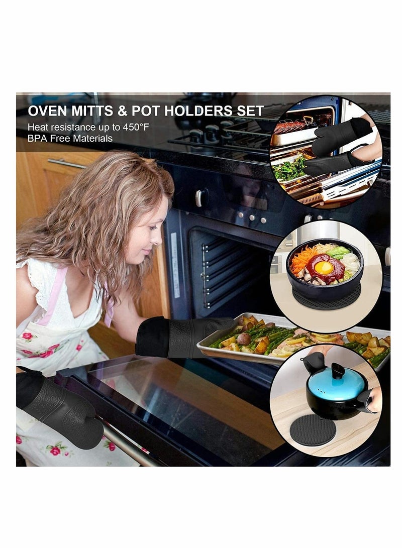 Silicone Oven Mitts and Pot Holders Set, Heat Resistant Silicone Oven Mittens with Mini Oven Gloves and Hot Pads, Pot Holders for Kitchen Baking Cooking, Quilted Liner, Black,Pack of 6