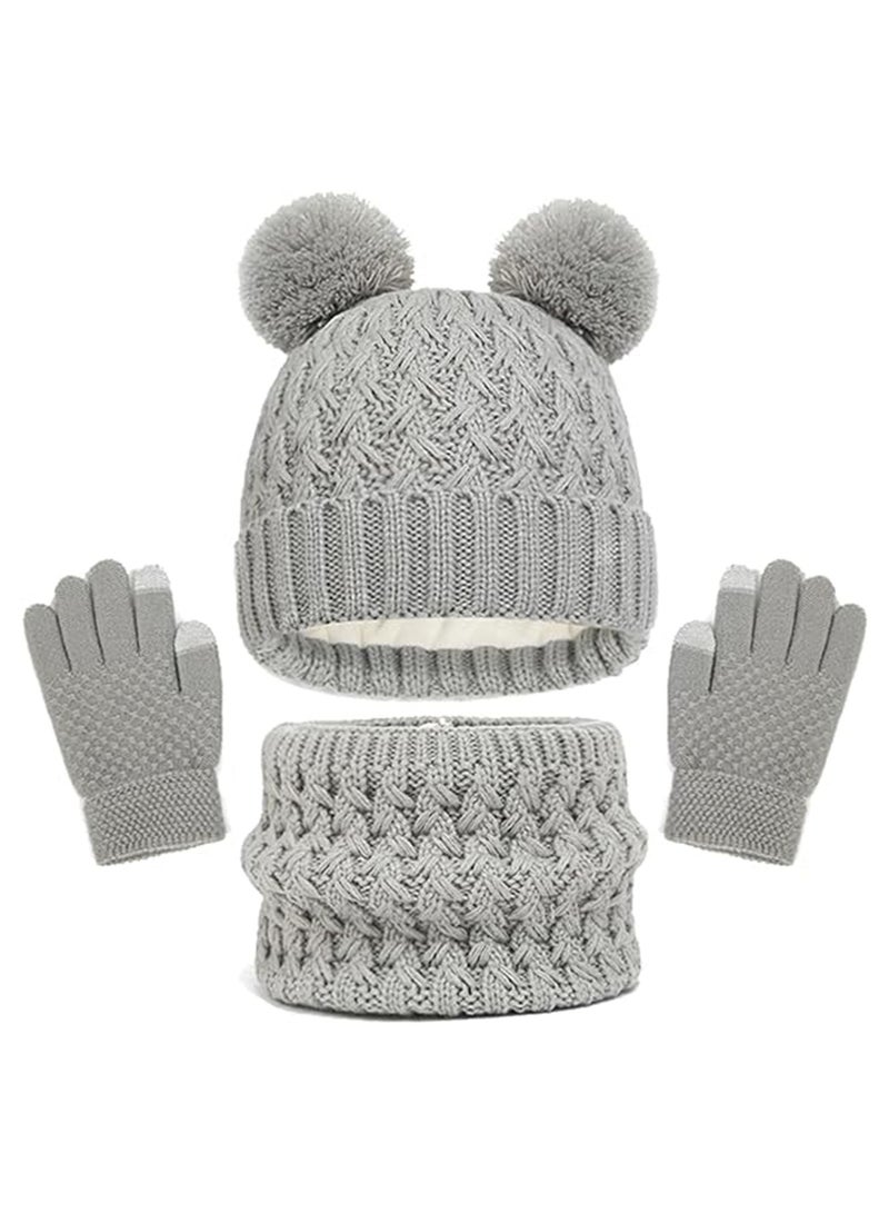 Kids Winter Beanie Hat Scarf and Touchscreen Gloves Set, Fleece Lining Beanie Hat Knit Gloves Neck Warmer for Children 2-8, Grey