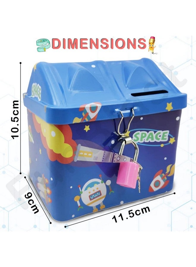 FunBlast Piggy Bank for Kids – Space Themed Money Saving Tin Coin Box with Lock and Key – Birthday Return for Boys & Girls, Money Bank, Coin Box for Kids (Blue)