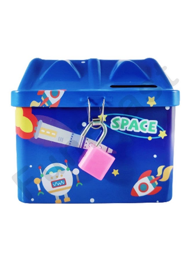 FunBlast Piggy Bank for Kids – Space Themed Money Saving Tin Coin Box with Lock and Key – Birthday Return for Boys & Girls, Money Bank, Coin Box for Kids (Blue)