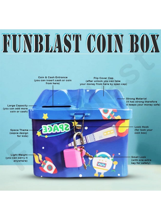 FunBlast Piggy Bank for Kids – Space Themed Money Saving Tin Coin Box with Lock and Key – Birthday Return for Boys & Girls, Money Bank, Coin Box for Kids (Blue)