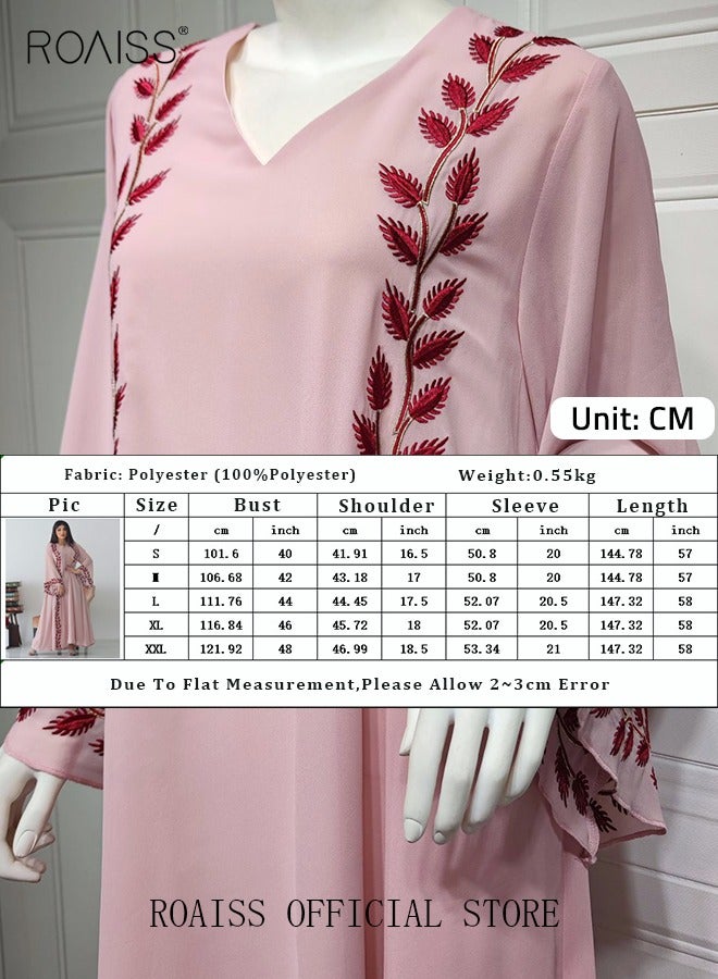 Women Muslim Dresses Middle East Fashion Street Summer Chiffon Muslim Embroidery Pink Round Neck Dress with Hijab Eid Ramadan Islamic Prayer Dress Robe