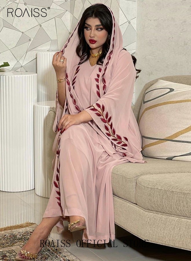 Women Muslim Dresses Middle East Fashion Street Summer Chiffon Muslim Embroidery Pink Round Neck Dress with Hijab Eid Ramadan Islamic Prayer Dress Robe