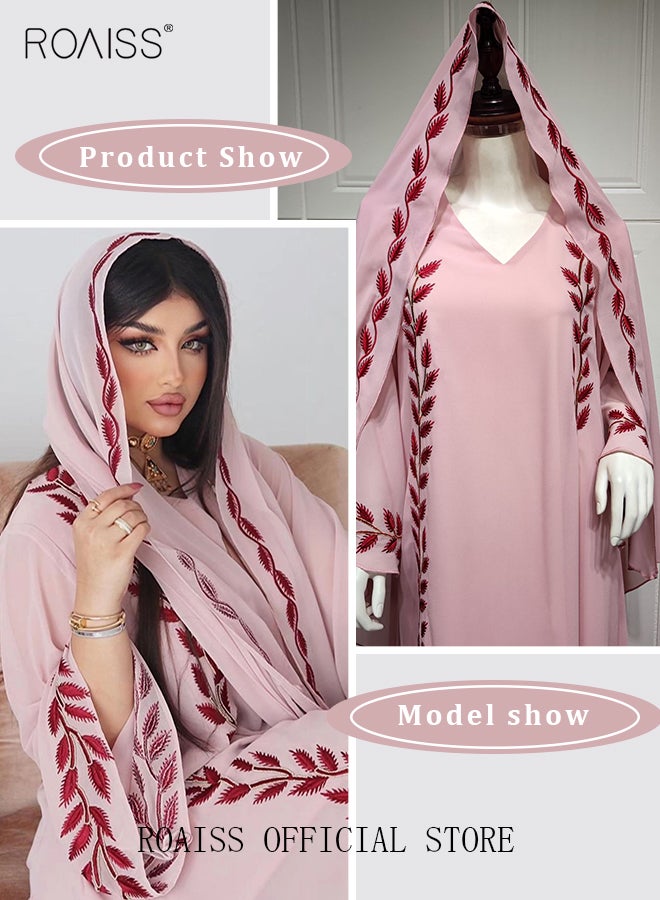 Women Muslim Dresses Middle East Fashion Street Summer Chiffon Muslim Embroidery Pink Round Neck Dress with Hijab Eid Ramadan Islamic Prayer Dress Robe