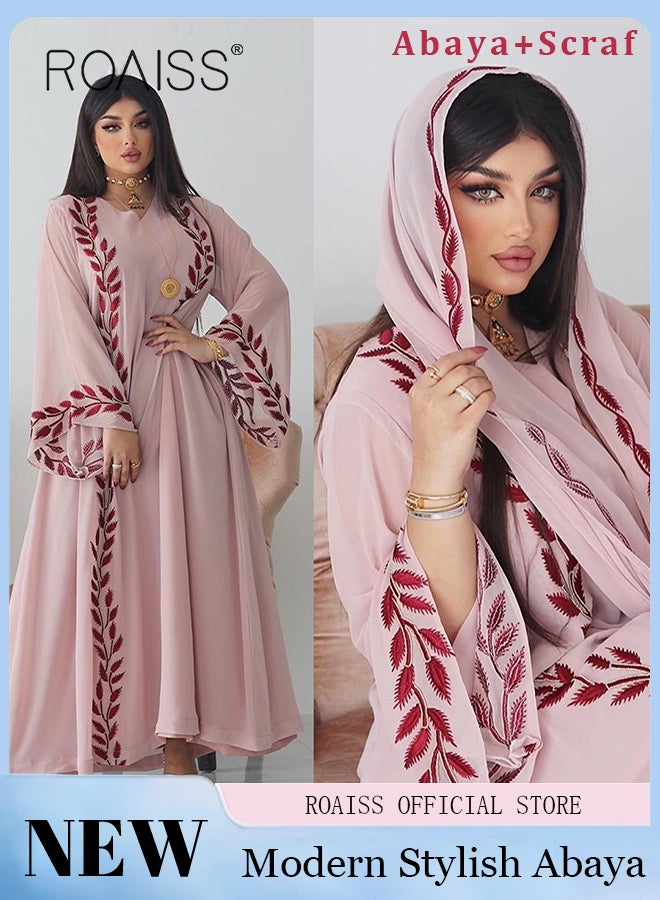 Women Muslim Dresses Middle East Fashion Street Summer Chiffon Muslim Embroidery Pink Round Neck Dress with Hijab Eid Ramadan Islamic Prayer Dress Robe