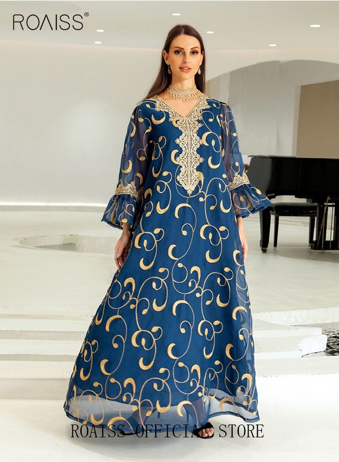 Ramadan Women Muslim Dress Sequin Blue Mesh Embroidery Evening Party Gown Bell Sleeve Long Dresses Party Robe Women Embroidery Dresses