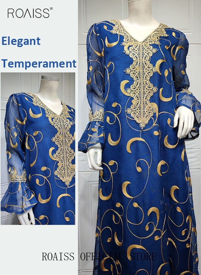 Ramadan Women Muslim Dress Sequin Blue Mesh Embroidery Evening Party Gown Bell Sleeve Long Dresses Party Robe Women Embroidery Dresses