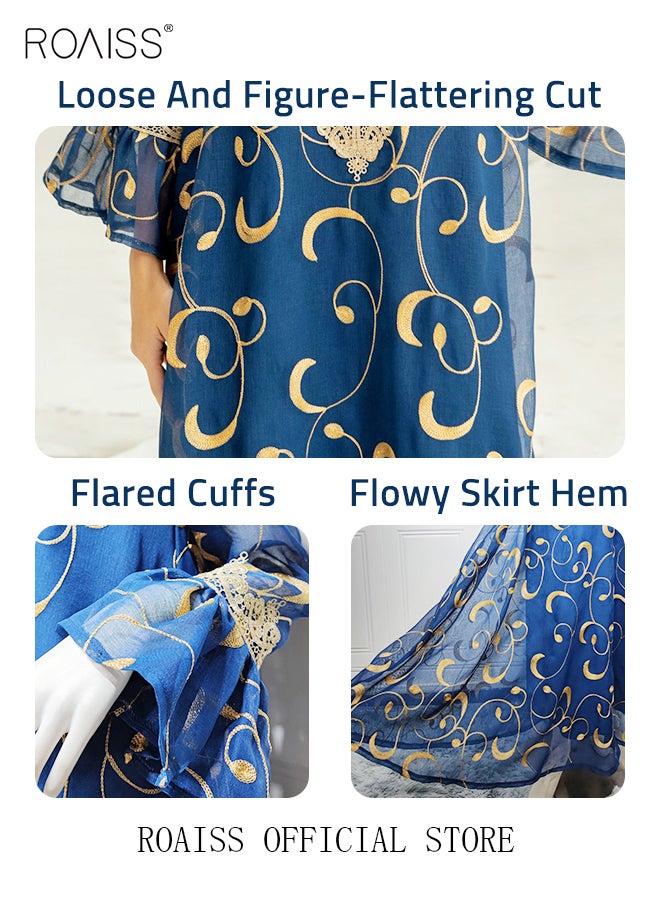 Ramadan Women Muslim Dress Sequin Blue Mesh Embroidery Evening Party Gown Bell Sleeve Long Dresses Party Robe Women Embroidery Dresses