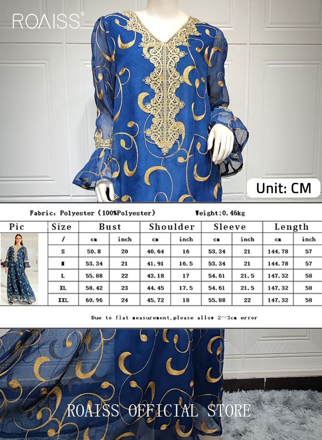 Ramadan Women Muslim Dress Sequin Blue Mesh Embroidery Evening Party Gown Bell Sleeve Long Dresses Party Robe Women Embroidery Dresses