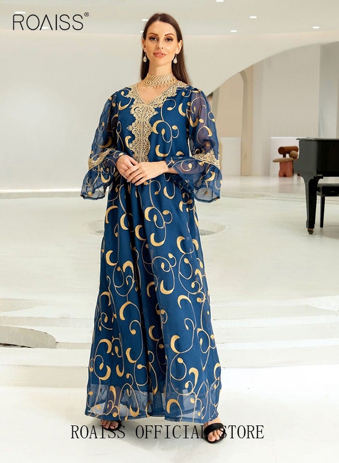 Ramadan Women Muslim Dress Sequin Blue Mesh Embroidery Evening Party Gown Bell Sleeve Long Dresses Party Robe Women Embroidery Dresses